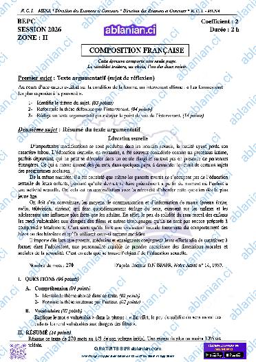 Première page : BEPC 2026 COMPOSITION FRANÇAISE ZONE 1, 2 ET 3