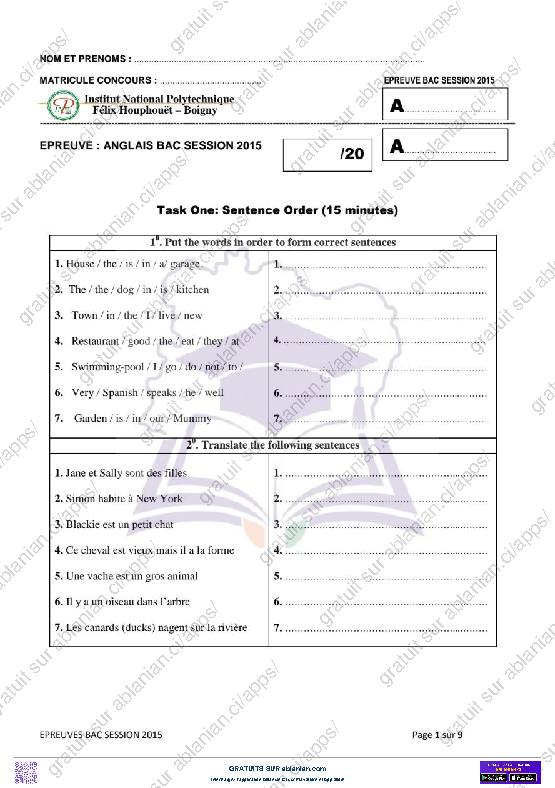 Première page : TEST D&rsquo;ENTREE INP HB 2015