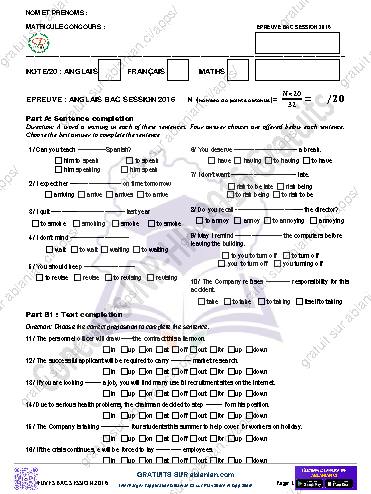 Première page : TEST D&rsquo;ENTREE INP HB 2016