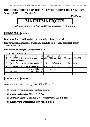 Première page : Sujets corrigés maths CAFOP IA 2019