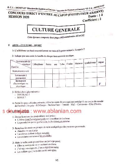 Première page : Sujets Culture Générale CAFOP IA 2020