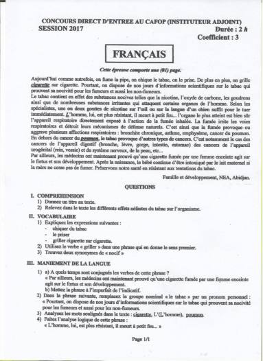 Première page : Anciens sujets CAFOP IA Français session 2017