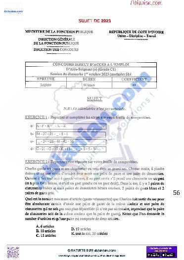 Première page : Sujet concours administratifs Logique cat C et D 2023 (pour les concours niveau BEPC) et corrigés