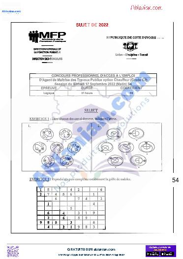 Première page : Sujet concours administratifs Logique cat C et D 2022 (pour les concours niveau BEPC) et corrigés
