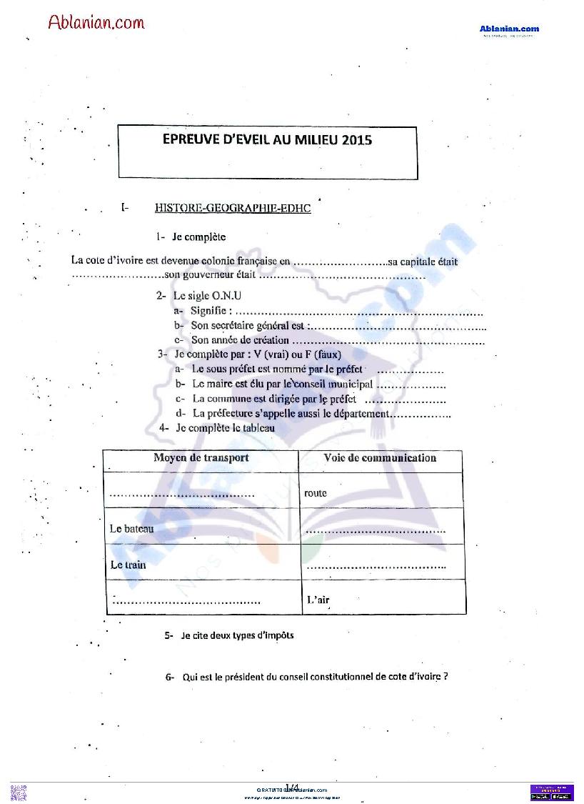 Première page : Anciens Sujets EMPT : EPREUVE D&rsquo;EVEIL AU MILIEU 2015