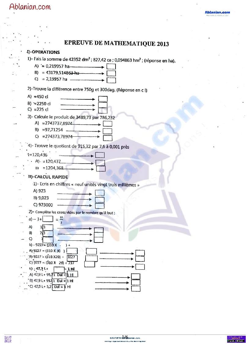 Première page : Anciens Sujets EMPT : EPREUVE DE MATHEMATIQUES 2013
