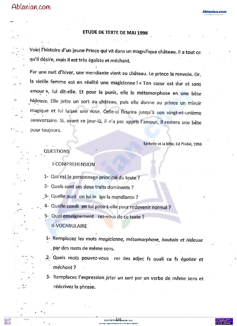 Première page : Anciens Sujets EMPT : EPREUVE D&rsquo;étude de texte 1998 PDF