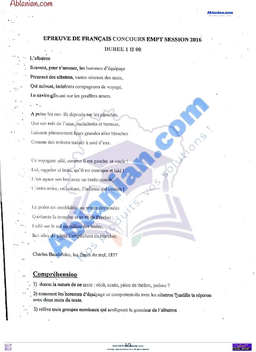 Première page : Anciens Sujets EMPT : EPREUVE DE FRANCAIS 2016 PDF