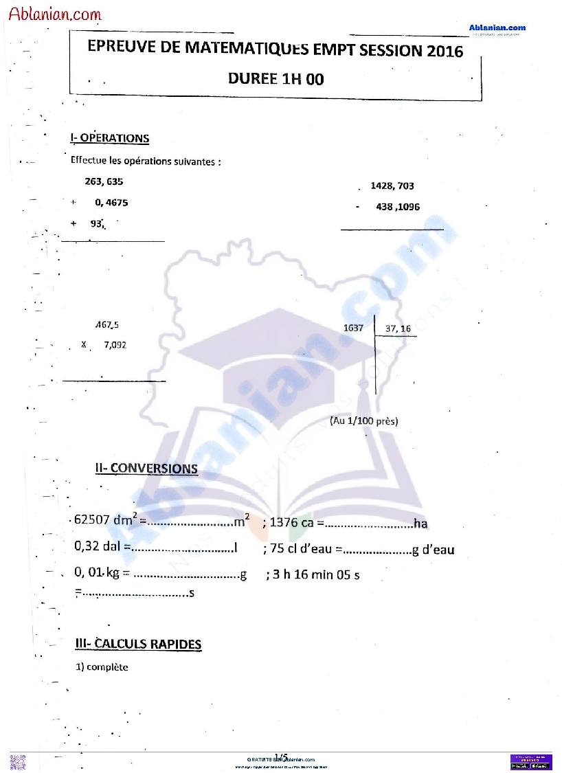 Première page : Anciens Sujets EMPT : EPREUVE DE MATHEMATIQUES 2016 PDF
