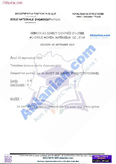 Première page : ENA ancien sujet Cycle MS Droit constitutionnel 2019 PDF