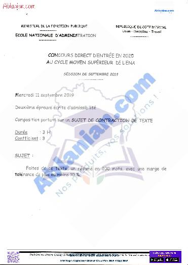 Première page : ENA ancien sujet Cycle MS SUJET DE CONTRACTION DE TEXTE 2019 PDF