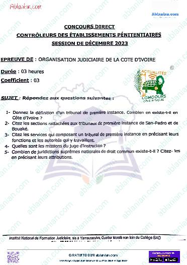 Première page : Ancien Sujet INFJ 2023 ORGANISATION JUDICIAIRE CONTROLEUR DES ETABLISSEMENTS PENITENTIAIRES