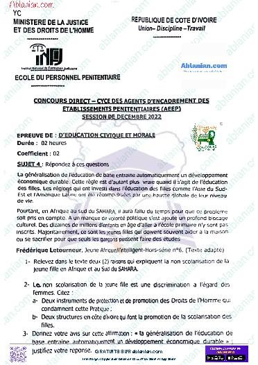 Première page : Ancien Sujet INFJ BEPC 2022 éducation Civique et morale PDF