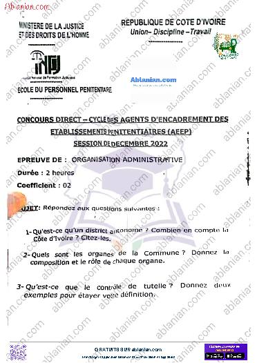 Première page : Ancien Sujet BEPC INFJ 2022 ORGANISATION ADMINISTRATIVE AEEP PDF
