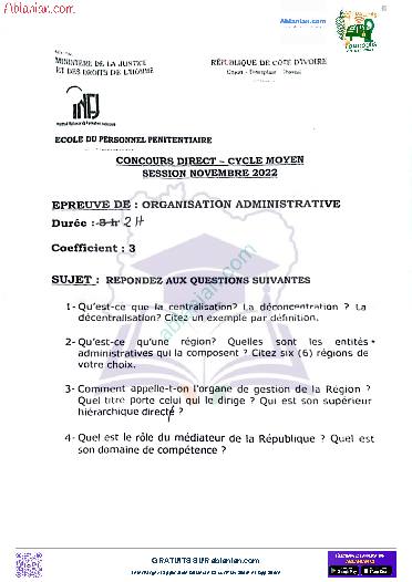 Première page : Ancien Sujet CM INFJ 2022 ORGANISATION administrative PDF