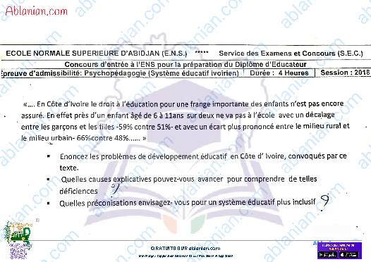 Première page : anciens sujets ENS éducateur SPCHOPEDAGOGIE système éducatif ivoirien 2018 PDF