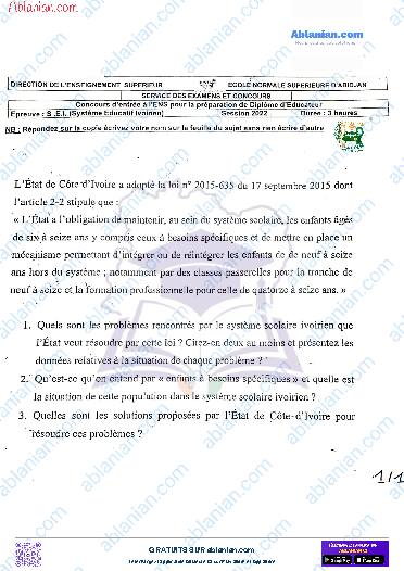 Première page : anciens sujets ENS éducateur système éducatif ivoirien 2022 PDF