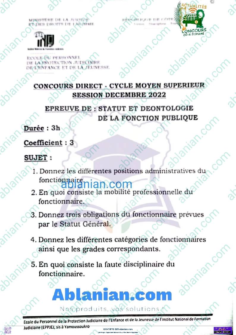 Première page : Ancien Sujet INFJ STATUT ET DEONTOLOGIE DE LA FONCTION PUBLIQUE 2022