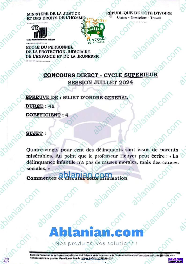 Première page : Ancien Sujet INFJ Cycle Supérieur SUJET D&rsquo;ORDRE GÉNÉRAL 2024 PDF