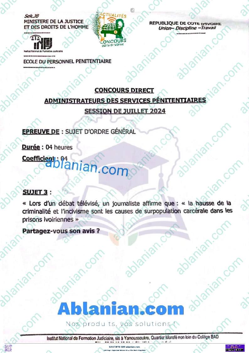 Première page : Ancien Sujet CD INFJ Administrateur des Services pénitentiaires SOG 2024 PDF