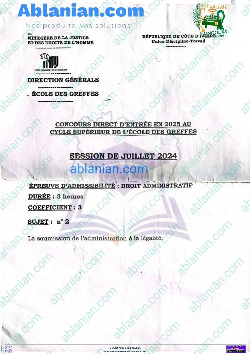 Première page : Ancien Sujet 2024 INFJ CS GREFFES DROIT ADMINISTRATIF PDF