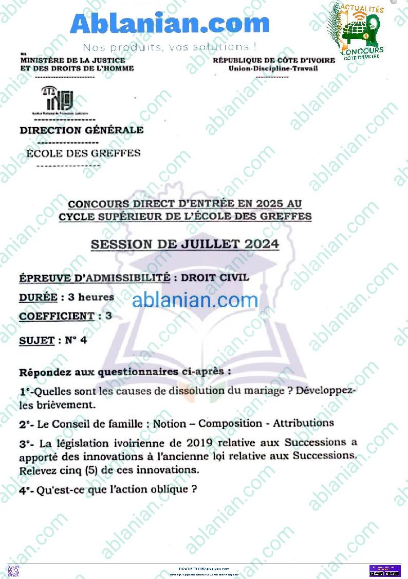 Première page : Ancien Sujet CS INFJ 2024 GREFFES DROIT CIVIL PDF