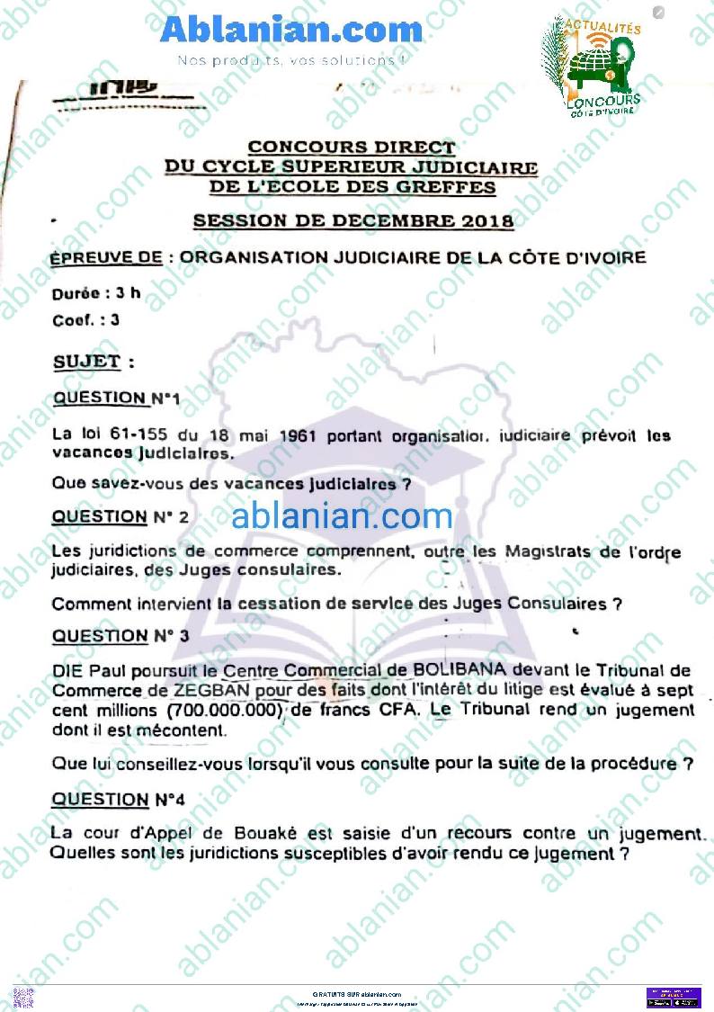 Première page : Ancien Sujet CS GREFFES INFJ ORGANISATION JUDICIAIRE 2018 PDF