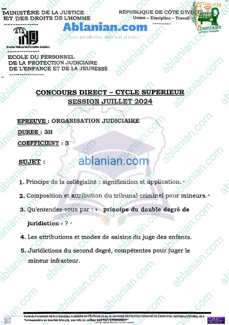 Première page : Ancien Sujet CS INFJ ORGANISATION JUDICIAIRE 2024 PDF