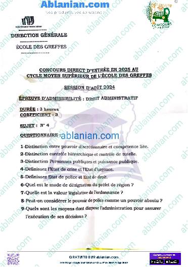 Première page : Ancien Sujet CMS GREFFES INFJ DROIT ADMINISTRATIF 2024 PDF