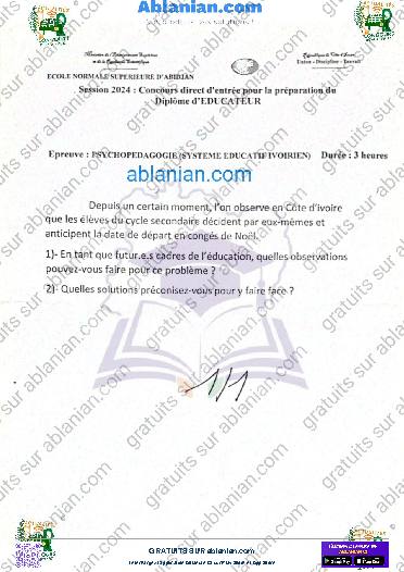 Première page : Ancien sujet ENS Educateur PSYCHOPEDAGOGIE (SYSTEME EDUCATIF IVOIRIEN) 2024 PDF