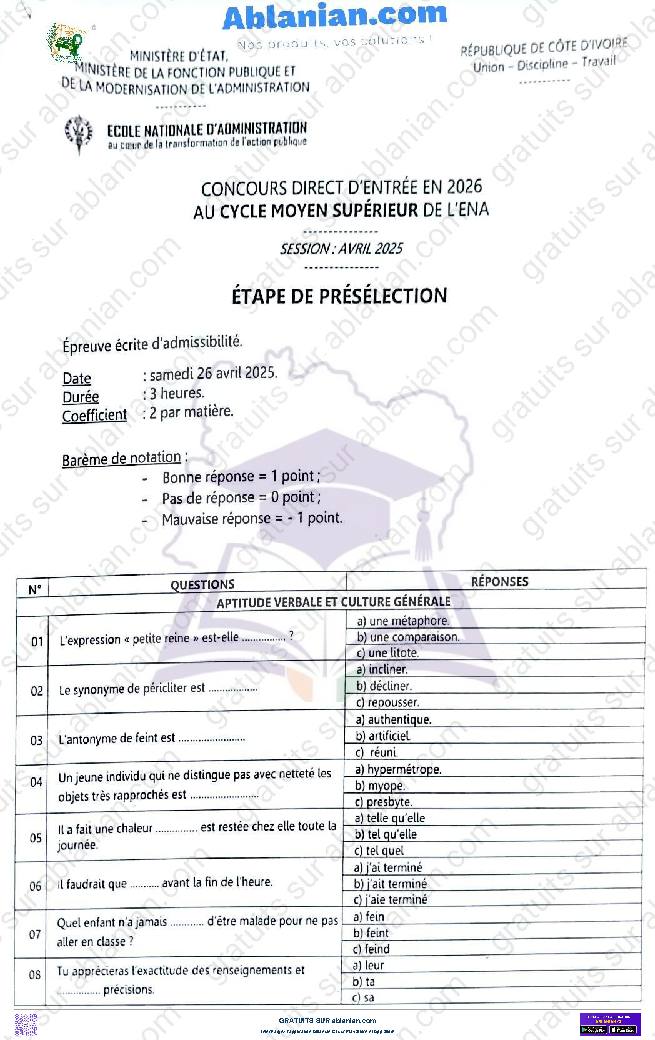 Première page : ENA 2025 PRÉSÉLECTION CYCLE MOYEN SUPÉRIEUR PDF