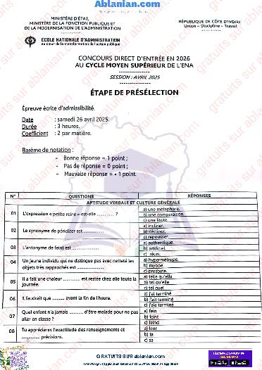 Première page : ENA 2025 PRÉSÉLECTION CYCLE MOYEN SUPÉRIEUR PDF 2