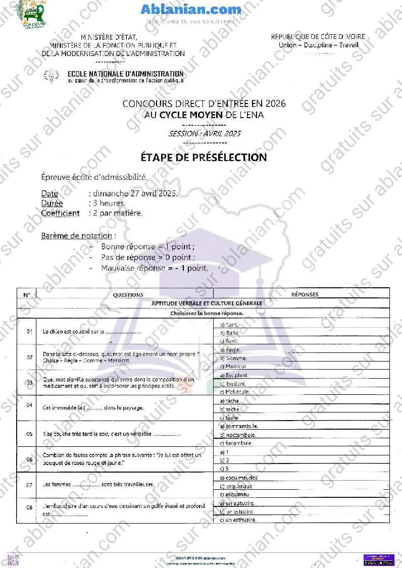 Première page : ENA 2025 PRÉSÉLECTION CYCLE MOYEN PDF