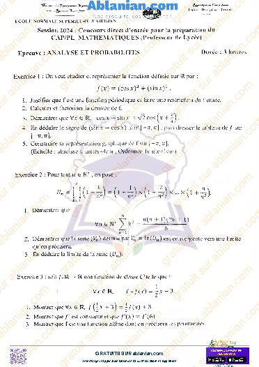 Première page : ENS 2024 PROF LYCEE MATHS ANALYSE ET PROBABILITÉS PDF