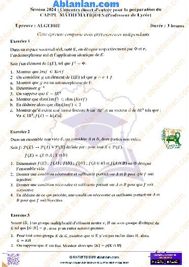 Première page : ENS 2024 PROF LYCEE MATHS ALGÈBRE PDF