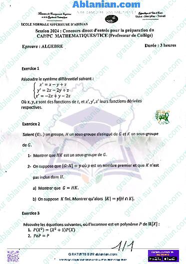 Première page : ENS 2024 PROF COLLEGE MATH ALGÈBRE PDF