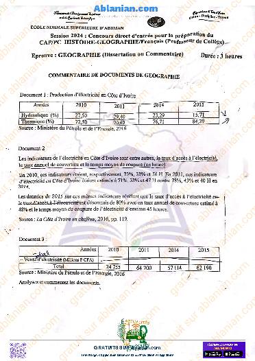 Première page : ENS 2024 PROF COLLEGE GÉOGRAPHIE COMMENTAIRE DE DOCUMENT PDF