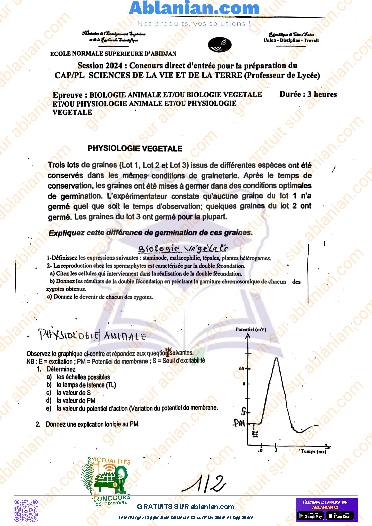 Première page : ENS 2024 SVT PROF LYCEE BIOLOGIE PDF