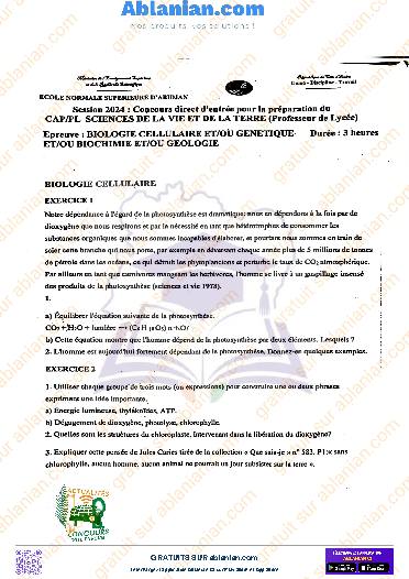 Première page : ENS 2024 SVT BIOLOGIE CELLULAIRE, GENETIQUEET OU BIOCHIMIE ETOU GEOLOGIE PDF