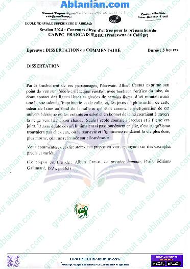 Première page : ENS 2024 PROF COLLEGE FRANCAIS DISSERTATION OU COMMENTAIRE PDF
