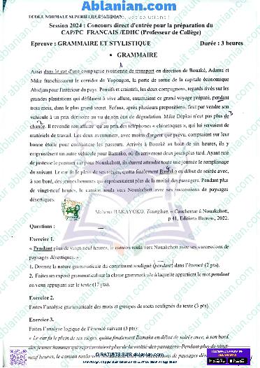 Première page : ENS 2024 FRANCAIS GRAMMAIRE ET STYLISTQUE PDF