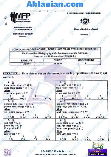 Première page : Ancien Sujet concours administratifs logique CP Catégorie B nov 2019 (niveau bac et plus)