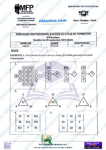 Première page : Ancien Sujet concours administratifs logique CP Catégorie B nov 2018 (niveau bac et plus)