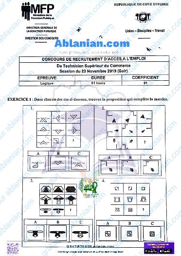 Première page : Ancien Sujet concours administratifs logique CR Tech. Sup. du commerce Catégorie B nov 2019 (niveau bac et plus)