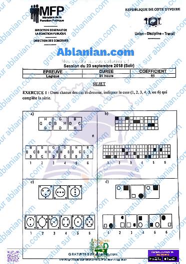 Première page : Ancien Sujet concours administratifs logique cat C et D (niveau CEPE et BEPC) nov 2018 PDF