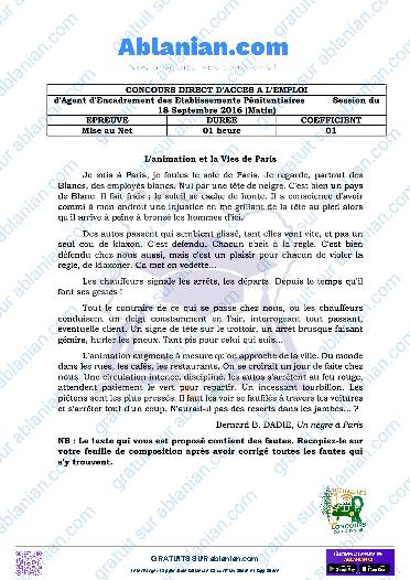 Première page : Ancien Sujet mise au net INFJ 2016 Agent encadrements des établissements pénitentiaires PDF