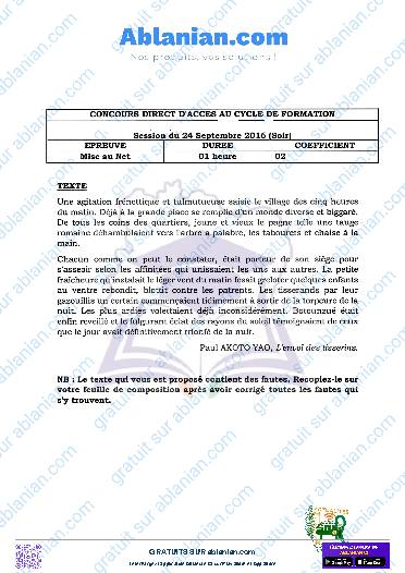 Première page : Ancien Sujet concours administratifs Mise au Met (Français) sept 2016 (CEPE et BEPC)