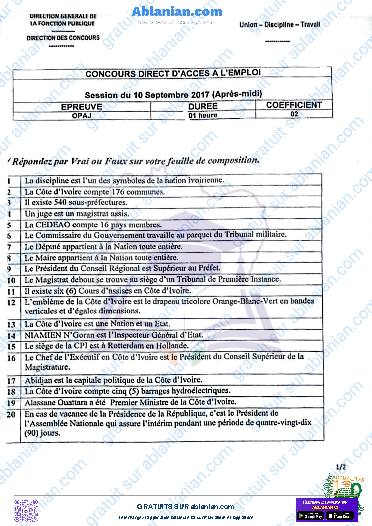 Première page : Anciens sujets Concours administratif OPAJ 2017