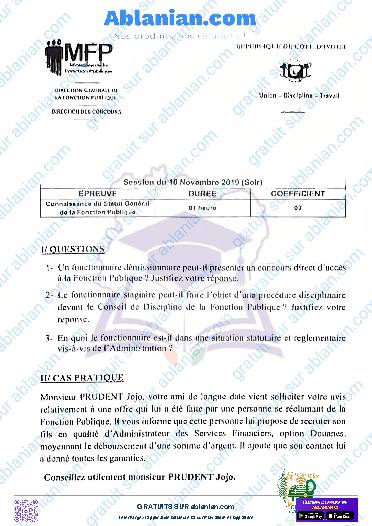 Première page : Ancien Sujet connaissance du statut générale de la fonction publique 2019