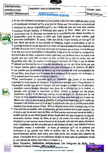 Première page : Anciens Sujets ENS Philosophie 2025 Commentaire PDF